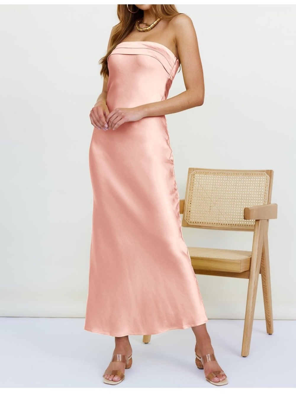 Merokeety NWT blush pink satin strapless open back maxi semi formal dress size M